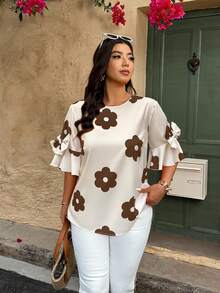 Nubod Plus Size Women Floral Print Vacation Round Neck Flare Sleeve Bow Decor Fashion Blouse Chic - Multicolor - View 4