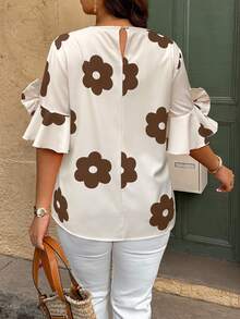 Nubod Plus Size Women Floral Print Vacation Round Neck Flare Sleeve Bow Decor Fashion Blouse Chic - Multicolor - View 2