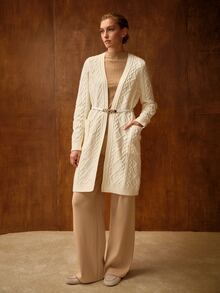 MOTF HEAVY-DUTY CABLE KNIT PREMIUM LONG CARDIGAN WITH BELT OFFICE WORK WHITE CASUAL ELEGANT - Beige - View 5