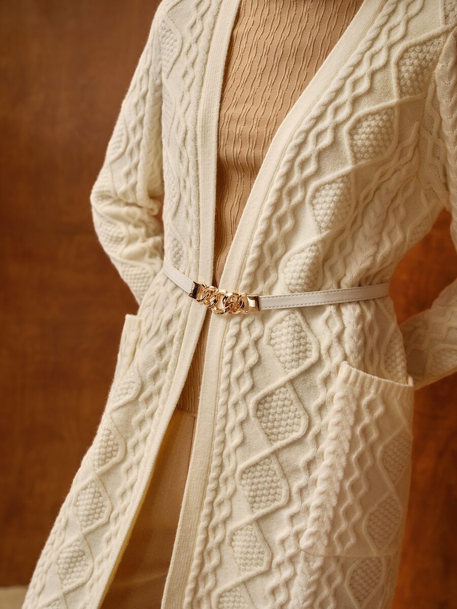 MOTF HEAVY-DUTY CABLE KNIT PREMIUM LONG CARDIGAN WITH BELT OFFICE WORK WHITE CASUAL ELEGANT - Beige - View 1