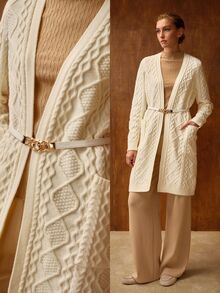 MOTF HEAVY-DUTY CABLE KNIT PREMIUM LONG CARDIGAN WITH BELT OFFICE WORK WHITE CASUAL ELEGANT - Beige - View 9