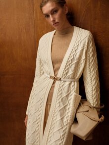 MOTF HEAVY-DUTY CABLE KNIT PREMIUM LONG CARDIGAN WITH BELT OFFICE WORK WHITE CASUAL ELEGANT - Beige - View 7