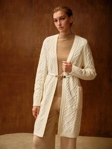 MOTF HEAVY-DUTY CABLE KNIT PREMIUM LONG CARDIGAN WITH BELT OFFICE WORK WHITE CASUAL ELEGANT - Beige - View 4