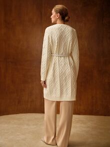 MOTF HEAVY-DUTY CABLE KNIT PREMIUM LONG CARDIGAN WITH BELT OFFICE WORK WHITE CASUAL ELEGANT - Beige - View 3