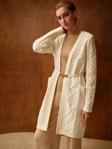 MOTF HEAVY-DUTY CABLE KNIT PREMIUM LONG CARDIGAN WITH BELT OFFICE WORK WHITE CASUAL ELEGANT - Beige - View 6