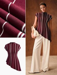MOTF PREMIUM WOMEN'S COLORBLOCK STRIPED PATTERN FUNNEL NECK CAP SLEEVE ASYMMETRICAL HEM FITTED KNIT TOP - Burgundy - View 8