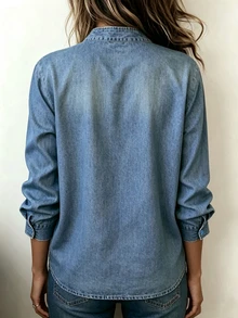 SHEIN [Denim Effect] Women's Blue Spring/Autumn Long Sleeve Denim Effect Pullover Shirt, Denim Effect Top - Blue - View 7