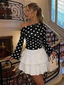 SHEIN MOD Women's Polka Dot Print Asymmetrical Shoulder Fashion Sexy French Elegant Flare Sleeve T-Shirt Brunch Tea Party Black And White Fall - Black - View 3