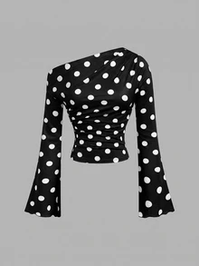 SHEIN MOD Women's Polka Dot Print Asymmetrical Shoulder Fashion Sexy French Elegant Flare Sleeve T-Shirt Brunch Tea Party Black And White Fall - Black - View 4