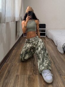 StreetHx Women's High Waist Plus Size Straight Leg Digital Print Denim Wide Leg Pants,Fall/Winter - Army Green - View 3