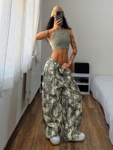 StreetHx Women's High Waist Plus Size Straight Leg Digital Print Denim Wide Leg Pants,Fall/Winter - Army Green - View 8
