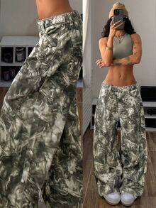 StreetHx Women's High Waist Plus Size Straight Leg Digital Print Denim Wide Leg Pants,Fall/Winter - Army Green - View 1