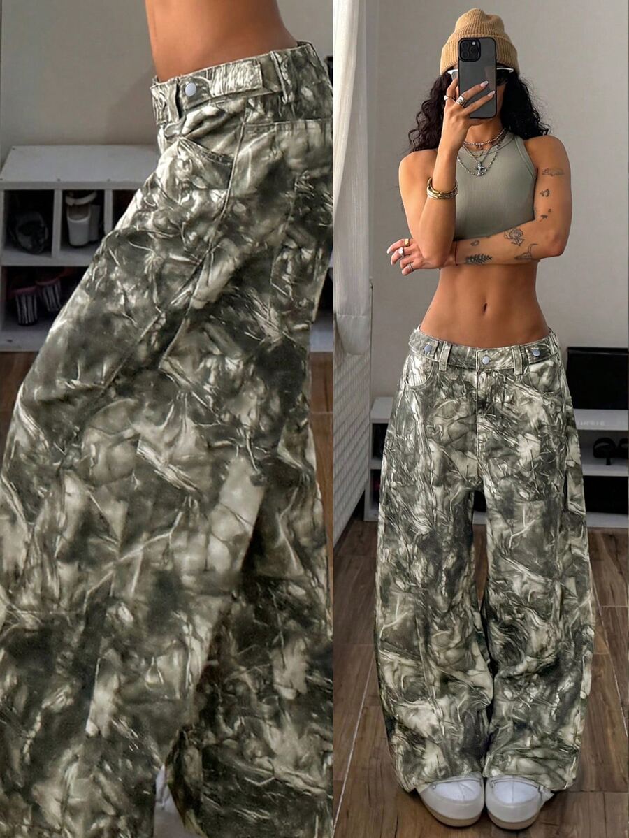 StreetHx Women's High Waist Plus Size Straight Leg Digital Print Denim Wide Leg Pants,Fall/Winter - Army Green - View 1