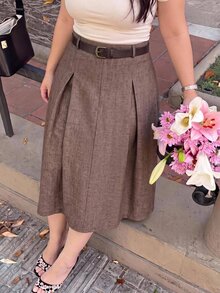 SHEIN MOD Plus-Size Women's Retro Classic Elegant Skirt, And Clothing Modest Skirts Clothesautumn And Winter Belt Included Fall - Brown - View 6