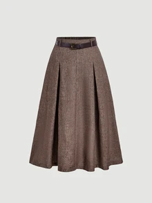 SHEIN MOD Plus-Size Women's Retro Classic Elegant Skirt, And Clothing Modest Skirts Clothesautumn And Winter Belt Included Fall - Brown - View 2