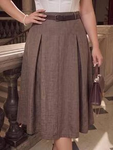 SHEIN MOD Plus-Size Women's Retro Classic Elegant Skirt, And Clothing Modest Skirts Clothesautumn And Winter Belt Included Fall - Brown - View 1