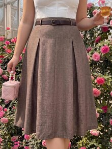 SHEIN MOD Plus-Size Women's Retro Classic Elegant Skirt, And Clothing Modest Skirts Clothesautumn And Winter Belt Included Fall - Brown - View 7