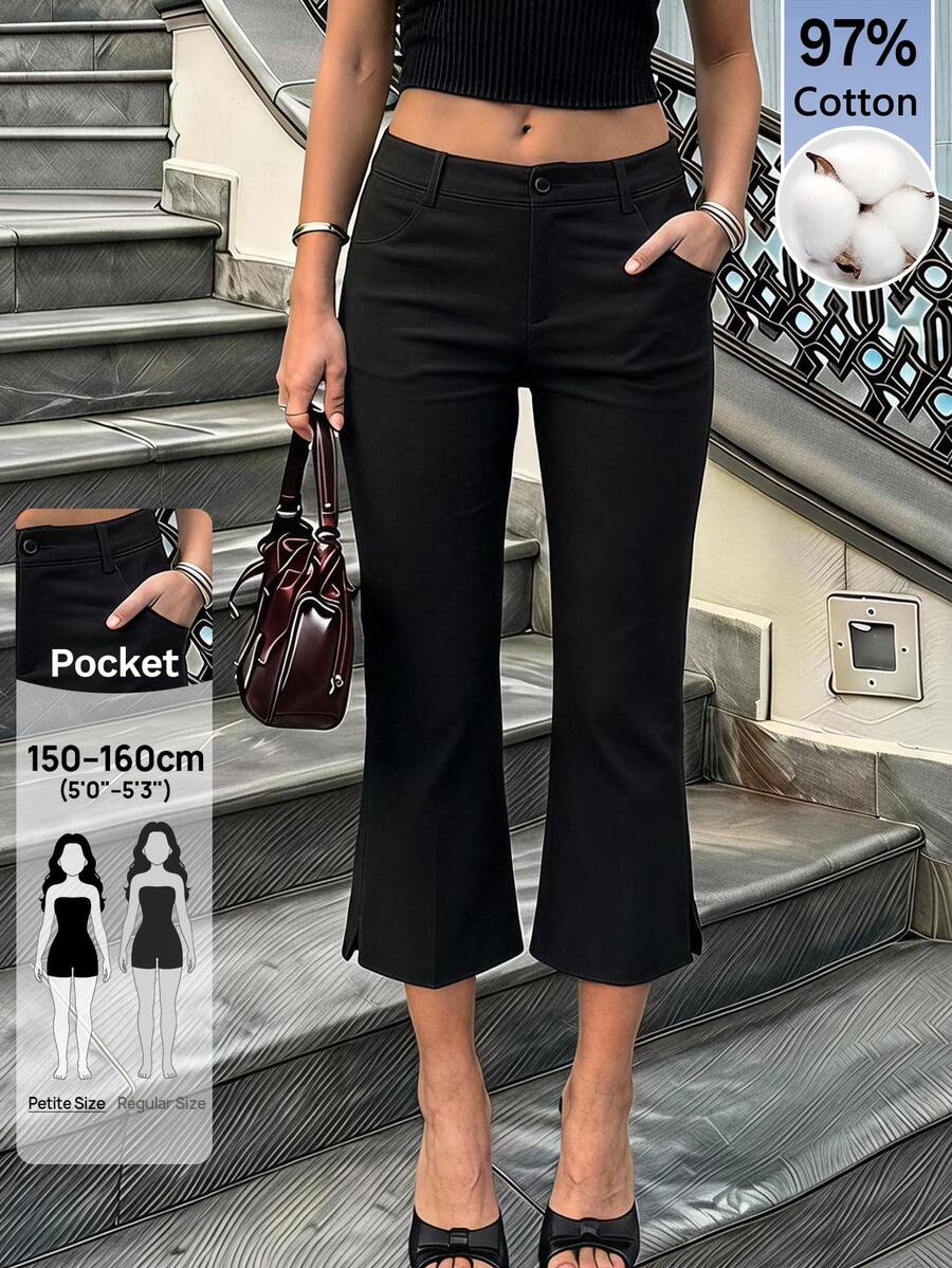 SHEIN PETITE Spring/Summer Black Stretch Capri Pants-Elegant,CasualAnd Relaxed Look - Stylish,VersatileAnd High-End,97% Cotton,Petite - Black - View 1