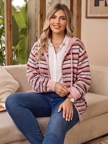 Rosumi Plus Size Casual Striped Hooded Cardigan, Autumn/Winter - Multicolor - View 3