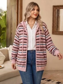 Rosumi Plus Size Casual Striped Hooded Cardigan, Autumn/Winter - Multicolor - View 8