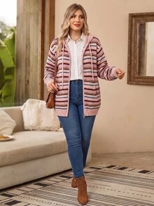 Rosumi Plus Size Casual Striped Hooded Cardigan, Autumn/Winter - Multicolor - View 4