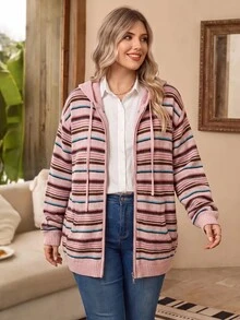 Rosumi Plus Size Casual Striped Hooded Cardigan, Autumn/Winter - Multicolor - View 6