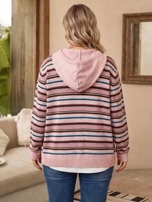 Rosumi Plus Size Casual Striped Hooded Cardigan, Autumn/Winter - Multicolor - View 2