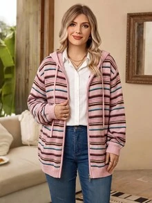 Rosumi Plus Size Casual Striped Hooded Cardigan, Autumn/Winter - Multicolor - View 7