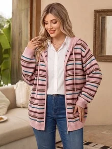 Rosumi Plus Size Casual Striped Hooded Cardigan, Autumn/Winter - Multicolor - View 1