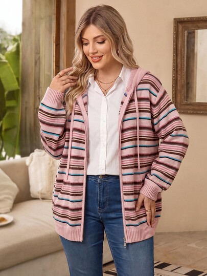 Rosumi Plus Size Casual Striped Hooded Cardigan, Autumn/Winter