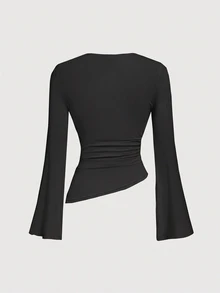 SHEIN MOD Crew Neck Ruched Flare Sleeve Cinched Waist Asymmetric Hem Burgundy Versatile T-Shirt, Fall - Dark Grey - View 4