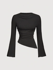 SHEIN MOD Crew Neck Ruched Flare Sleeve Cinched Waist Asymmetric Hem Burgundy Versatile T-Shirt, Fall - Dark Grey - View 3