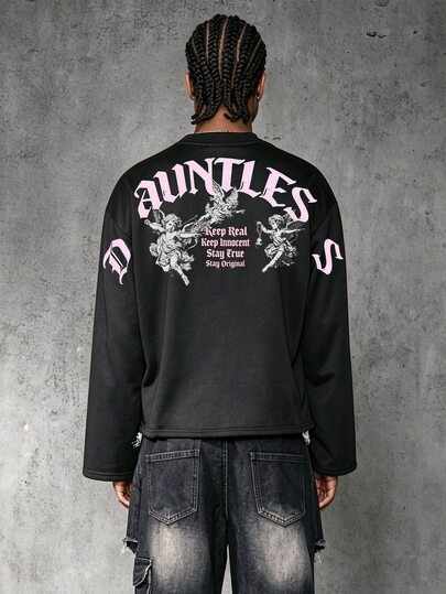 Manfinity EMRG Sudadera de cuello redondo con estampado gráfico de letras & pequeño ángel para hombre