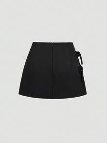 Sweetra Bowknot Bowknot Lace-Up Sexy Split A-Line Women Mini Skirt, Spring/Summer Design - Black - View 2