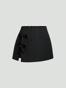 Sweetra Bowknot Bowknot Lace-Up Sexy Split A-Line Women Mini Skirt, Spring/Summer Design - Black - View 4