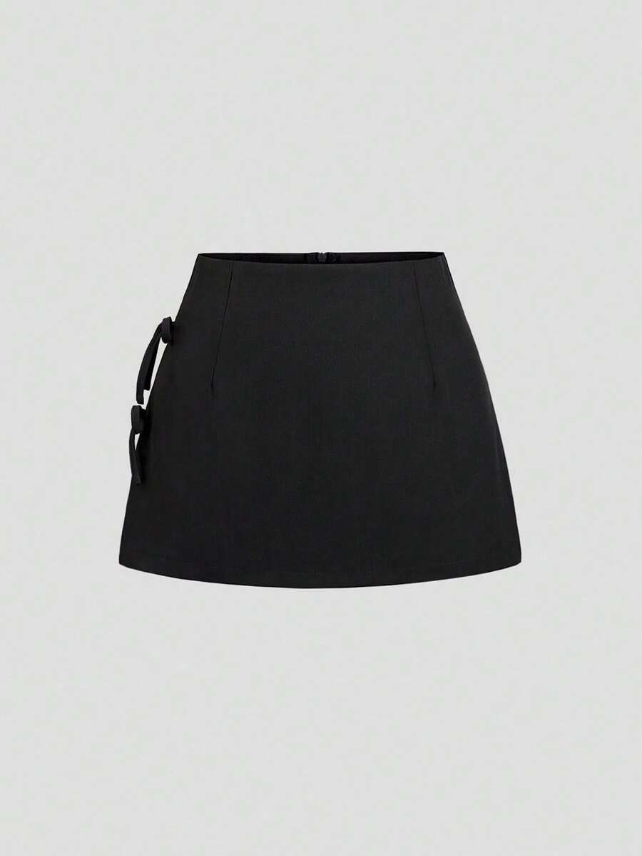 Sweetra Bowknot Bowknot Lace-Up Sexy Split A-Line Women Mini Skirt, Spring/Summer Design - Black - View 1