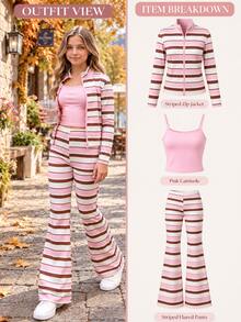 SHEIN Elladie kids Tween Girls 3pcs Striped Outfit Set Stand Collar Zip Up Jacket Cami Top And Flare Leg Pants Y2K Casual Tracksuit Fall Outfits - Pink - View 9