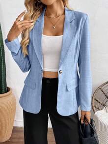 SHEIN Multicolor Woven Long Sleeve Casual Blazer Fall Cloth For Women - Baby Blue - View 8