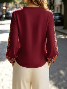 Balvessa Women's Minimalist Elegant Fashion Embroidered Notch V-Neck Casual Blouse - Multicolor - View 2