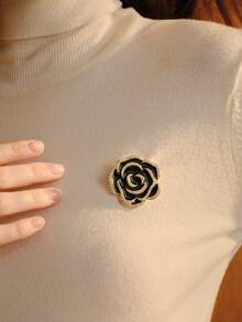Opalesca 1pc New Rhinestone Camellia Brooch Pin, High-End Vintage Lapel Pin For Women School Office Accessories Shirts Jacket Jewelry - Black - View 1