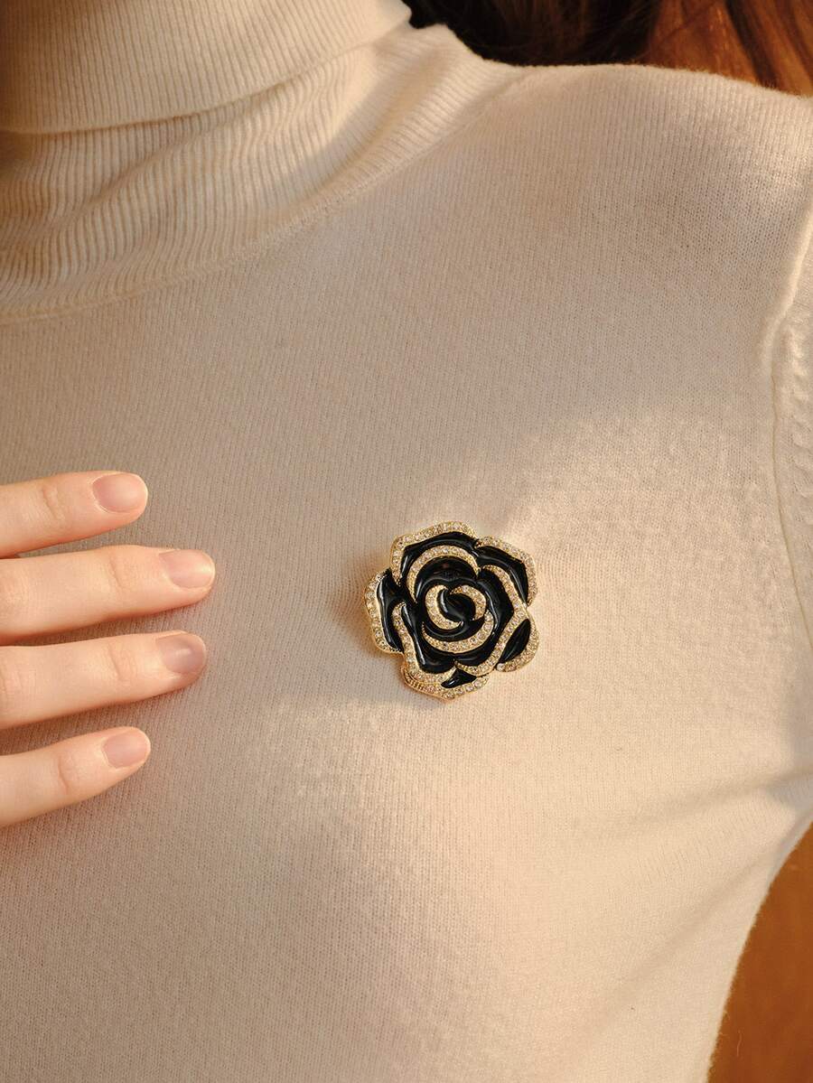 Opalesca 1pc New Rhinestone Camellia Brooch Pin, High-End Vintage Lapel Pin For Women School Office Accessories Shirts Jacket Jewelry - Black - View 1