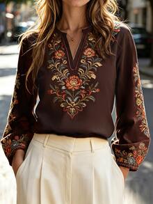 Balvessa Fall Clothes FOR WomenWomen's Floral Embroidered Notched V-Neck Long Sleeve Casual Shirt - Multicolor - View 1
