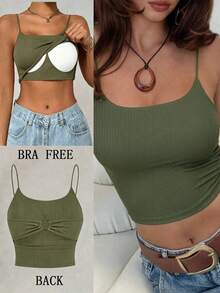 Allurite Olive Green Spaghetti Strap Square Neck Crop Camisole For Women,Ribbed Tank Top With Built-In Bra And Back Bow Knot,Summer Sexy Top,Music Festival - Dark Green - View 9