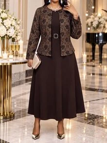 Fleurora Plus Size Women Solid Color Dress And Floral Print Cardigan Casual 2 Pieces Set Fall - Brown - View 5