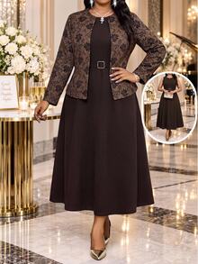 Fleurora Plus Size Women Solid Color Dress And Floral Print Cardigan Casual 2 Pieces Set Fall - Brown - View 1