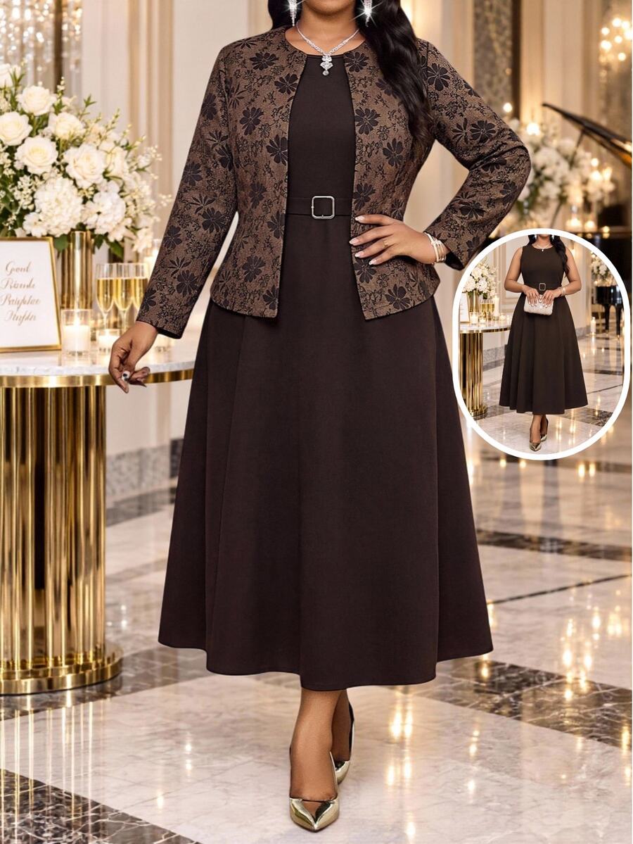 Fleurora Plus Size Women Solid Color Dress And Floral Print Cardigan Casual 2 Pieces Set Fall - Brown - View 1