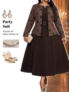 Fleurora Plus Size Women Solid Color Dress And Floral Print Cardigan Casual 2 Pieces Set Fall - Brown - View 6