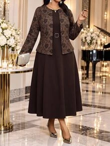 Fleurora Plus Size Women Solid Color Dress And Floral Print Cardigan Casual 2 Pieces Set Fall - Brown - View 4