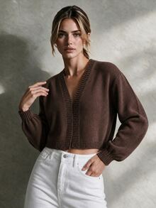 Trelyra Spring/Autumn Basic Solid Color Knitted Cardigan, Lantern Sleeve High Waist Short Top, Soft Knitted Cardigan, Essential Outer Layer For Camisole Skirt, Versatile Piece For Camisole/Dress, All-Season Wearable, High Waist Short Fit To Elongate Lower Body Proportions - Camel - View 5