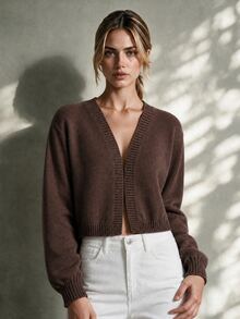 Trelyra Spring/Autumn Basic Solid Color Knitted Cardigan, Lantern Sleeve High Waist Short Top, Soft Knitted Cardigan, Essential Outer Layer For Camisole Skirt, Versatile Piece For Camisole/Dress, All-Season Wearable, High Waist Short Fit To Elongate Lower Body Proportions - Camel - View 1